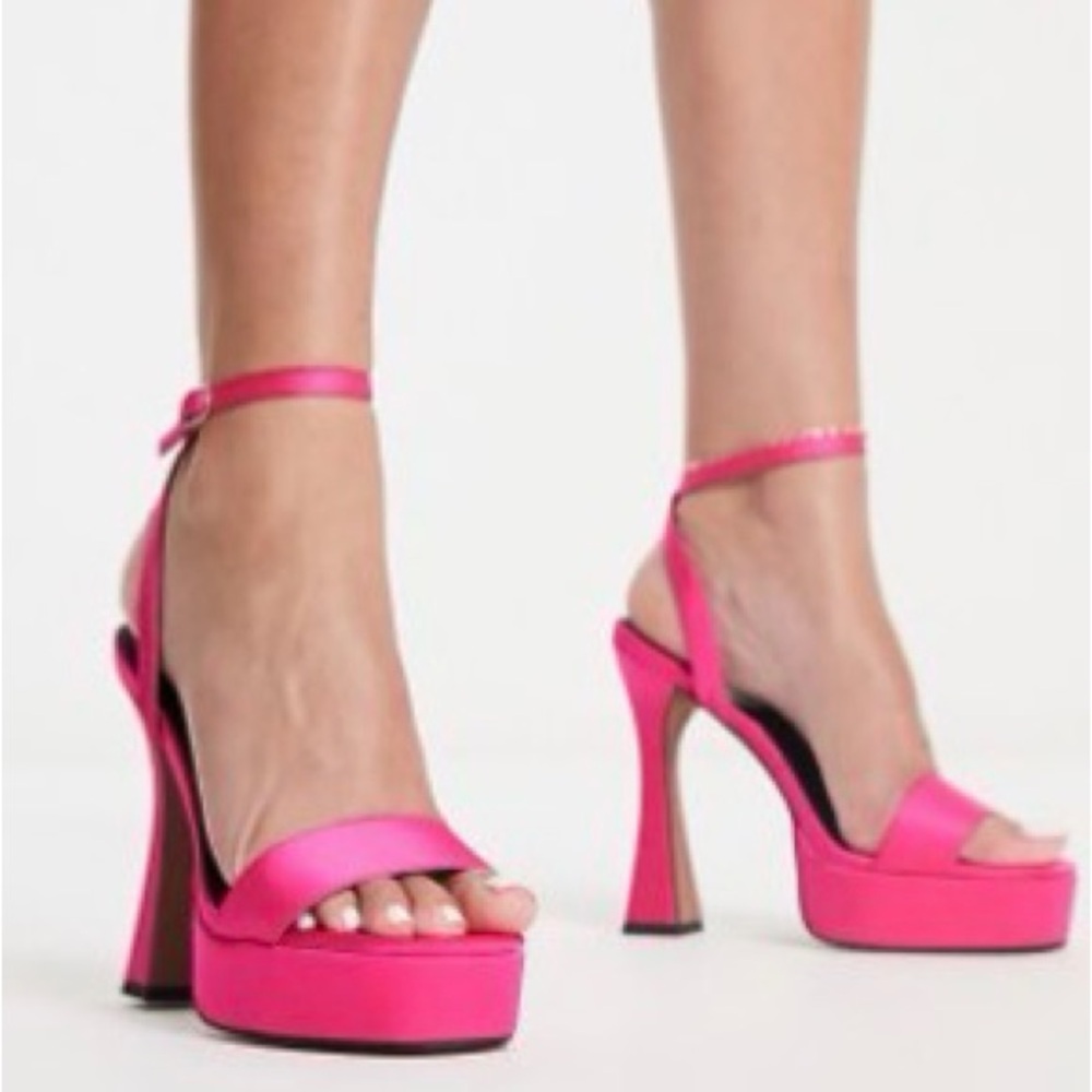 ASOS Hot Pink Satin Platform Ankle Strap Heels Flared Heel Barbiecore Size 8